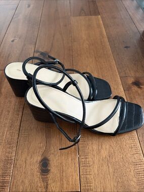 Nine West Black Croc-Textured Square Toe Strappy Sandals